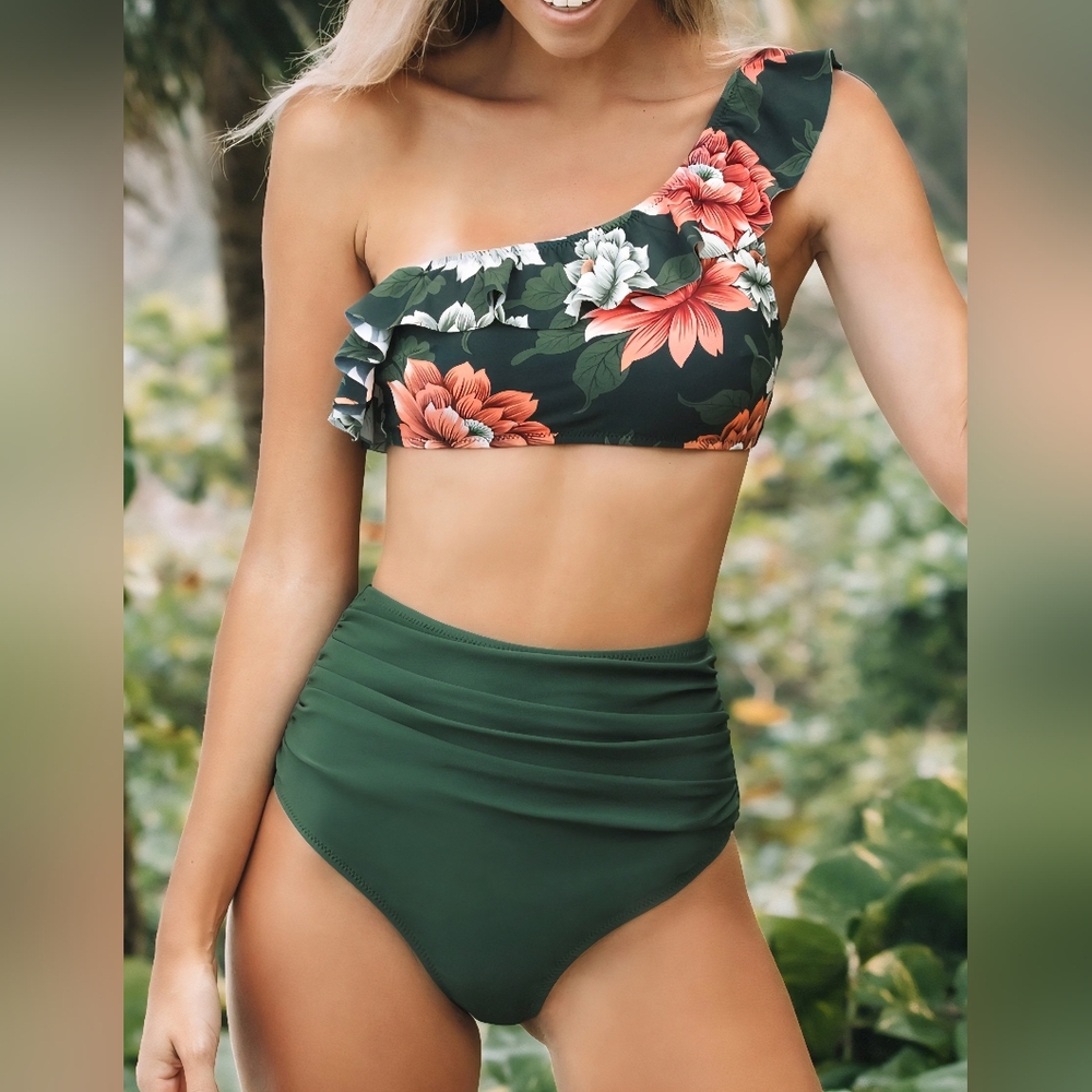 NWT Cupshe Women's Floral One Shoulder Ruffle High Waist Bikini Green/Coral LG